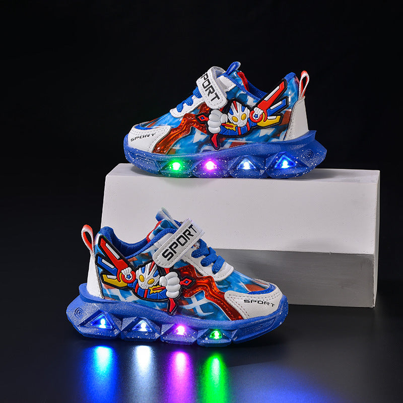 Spring and autumn 2025 new leather bright lights children's sneaker wholesale cartoon with lights boys soft bottom running shoes in stock