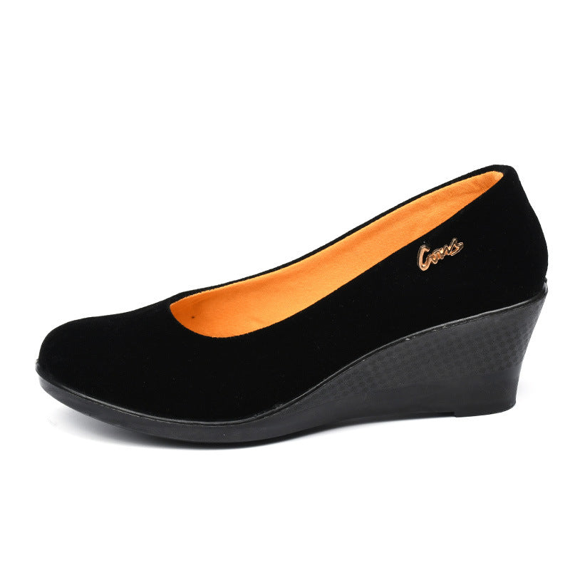 Black Polyurethane Shoes with Thick Soles and Wedge Heels, Women's Shoes