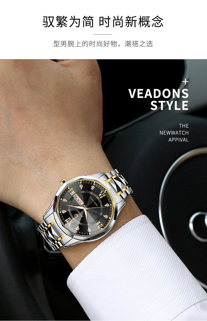 men's watch butterfly buckle steel belt luminous waterproof calendar Diamond