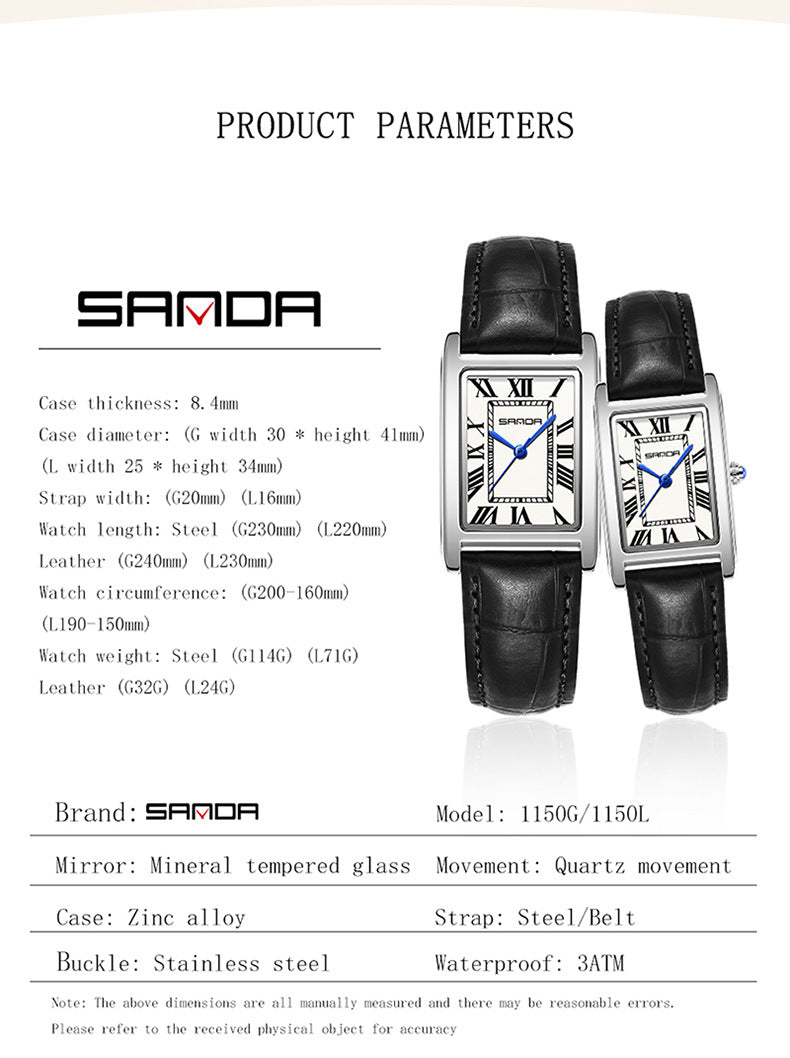 Sanda Live Hot Couple Watch Vintage Square Quartz Watch Waterproof Roman Scale Men's and Women's Watches
