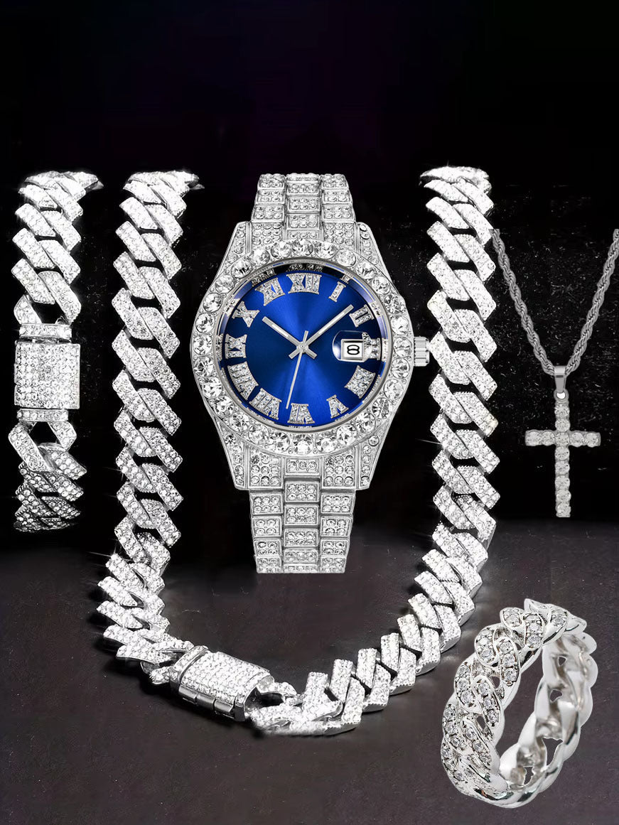 Diamond Watch🔥🔥🔥🔥 Five-Piece Diamond Cuban Chain Cross Necklace Cuban Ring