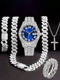 Diamond Watch🔥🔥🔥🔥 Five-Piece Diamond Cuban Chain Cross Necklace Cuban Ring