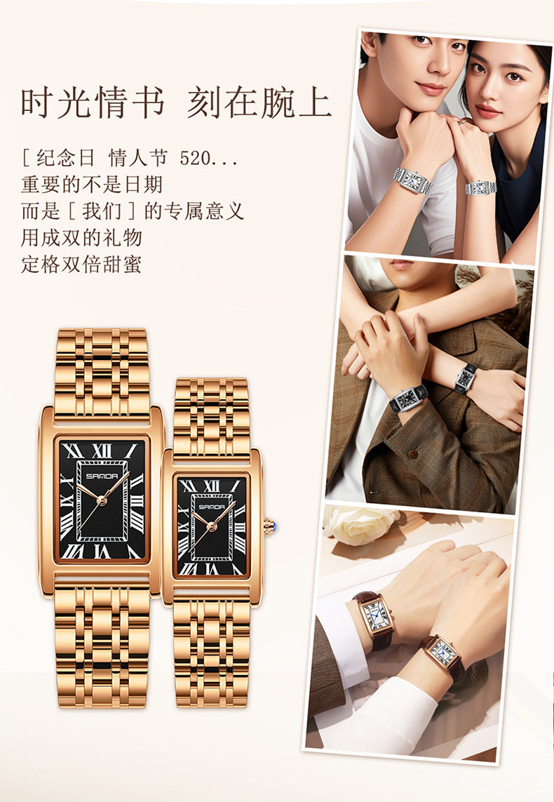 Sanda Live Hot Couple Watch Vintage Square Quartz Watch Waterproof Roman Scale Men's and Women's Watches