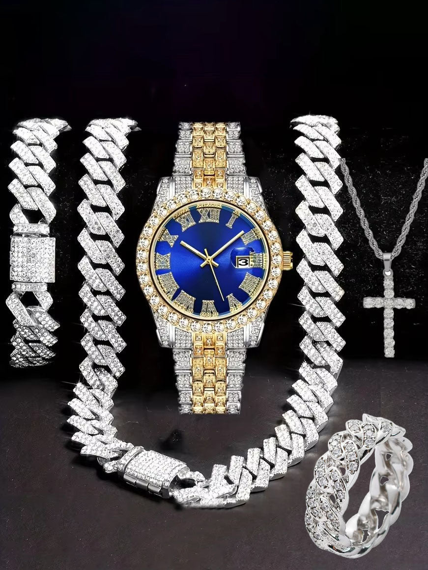 Diamond Watch🔥🔥🔥🔥 Five-Piece Diamond Cuban Chain Cross Necklace Cuban Ring