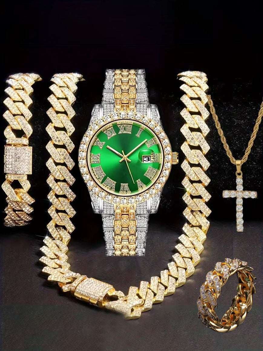 Diamond Watch🔥🔥🔥🔥 Five-Piece Diamond Cuban Chain Cross Necklace Cuban Ring