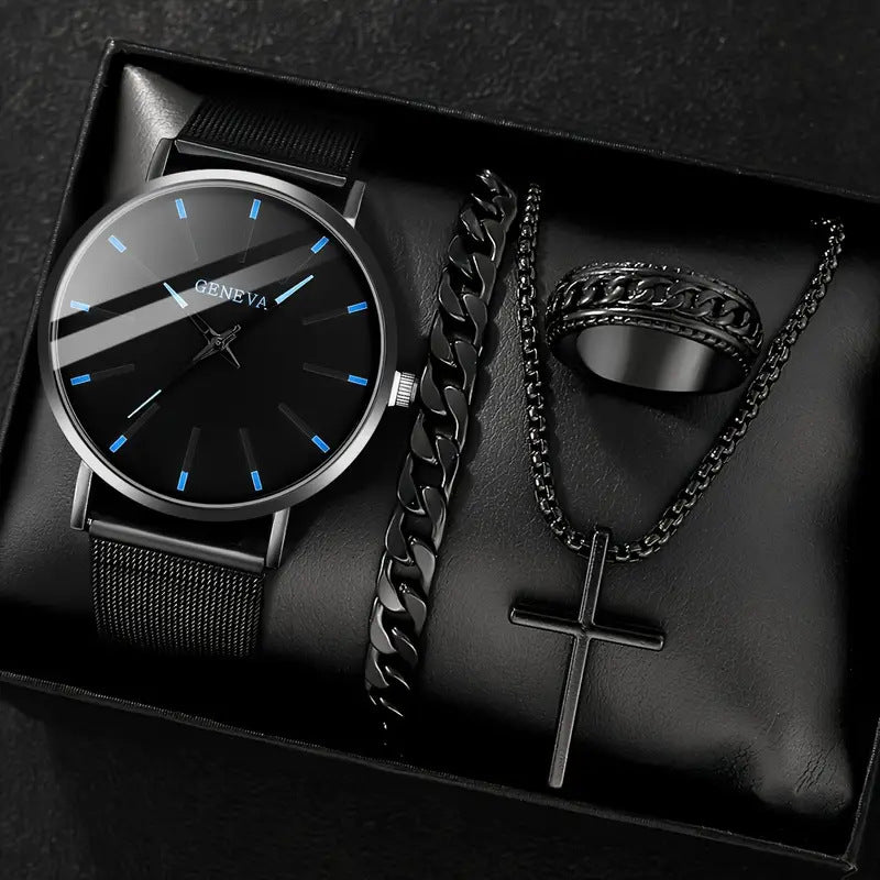 🔥🔥🔥🔥🔥Men's 4-piece Luxury Stainless Steel Quartz Watch with Calendar Gold Cross Necklace Bracelet and Ring