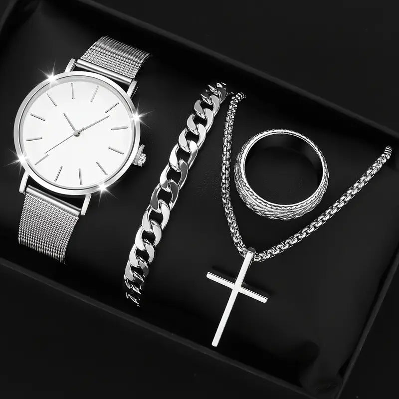 🔥🔥🔥🔥🔥Men's 4-piece Luxury Stainless Steel Quartz Watch with Calendar Gold Cross Necklace Bracelet and Ring