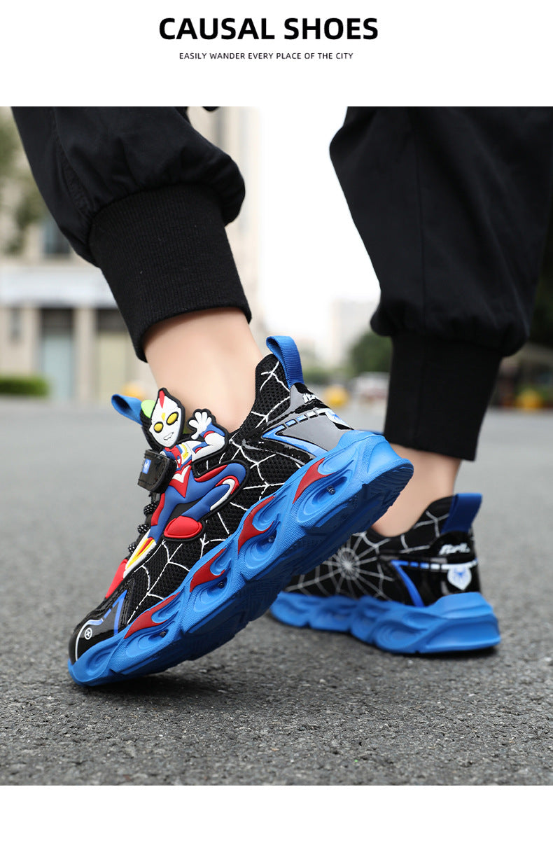 Boys' Shoes Anti-Slip Mid-Leat Running Shoes Leather with Lights Spider-Man Children's Sports Shoes Autumn Lightweight