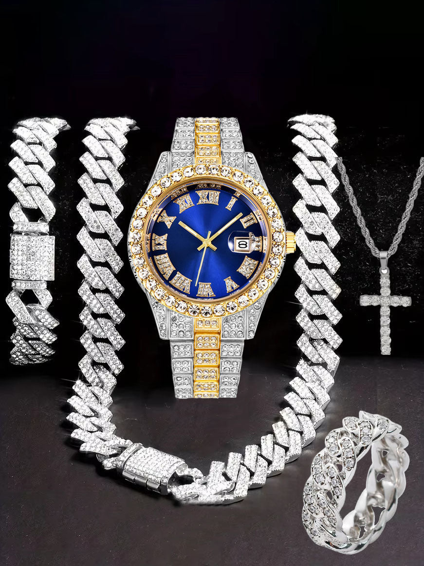 Diamond Watch🔥🔥🔥🔥 Five-Piece Diamond Cuban Chain Cross Necklace Cuban Ring
