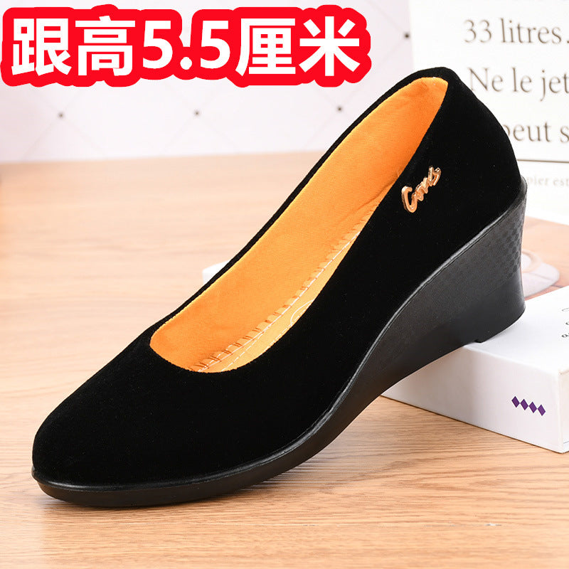 Black Polyurethane Shoes with Thick Soles and Wedge Heels, Women's Shoes