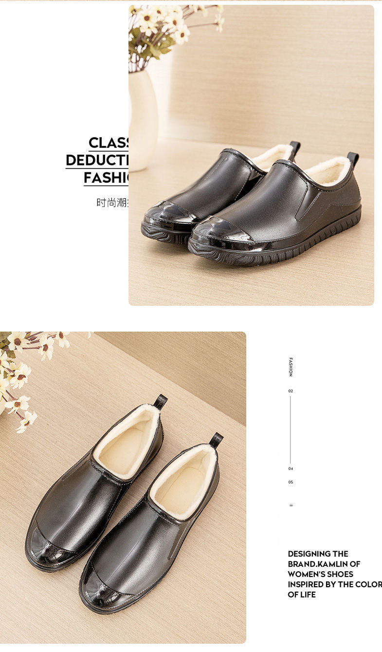 Thickened New Rain Boots Women's Four Seasons Yuanbao Shallow Water Shoes Middle-aged Short Tube Waterproof Non-slip fleece-lined Warm Rubber Rain Boots