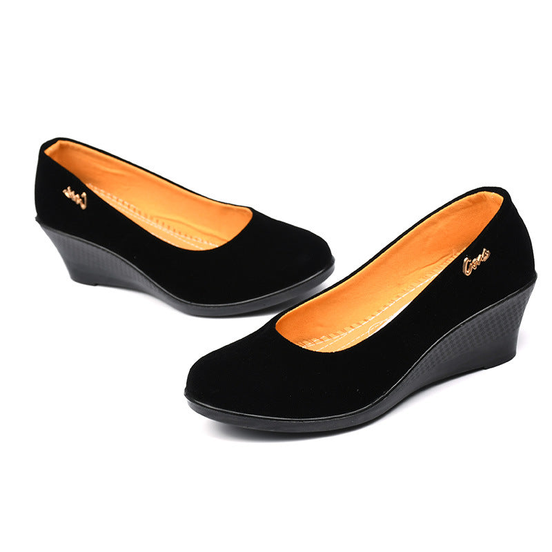 Black Polyurethane Shoes with Thick Soles and Wedge Heels, Women's Shoes