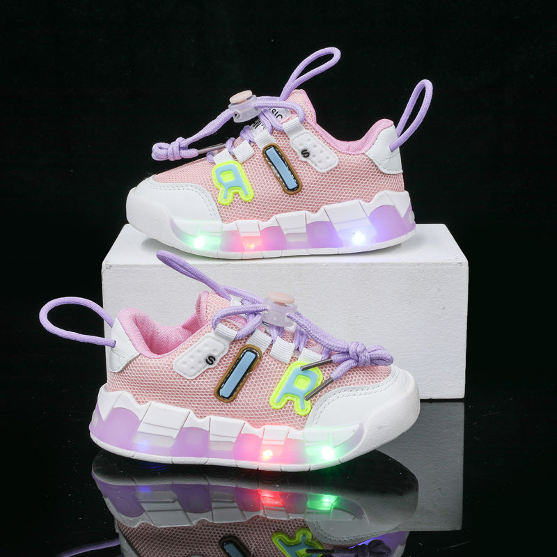 mesh sports shoes with lights children's shoes breathable casual boys and girls letters baby children's shoes in stock