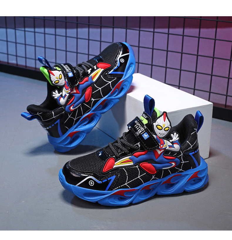 Boys' Shoes Anti-Slip Mid-Leat Running Shoes Leather with Lights Spider-Man Children's Sports Shoes Autumn Lightweight