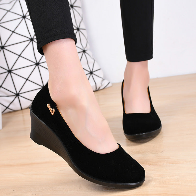 Black Polyurethane Shoes with Thick Soles and Wedge Heels, Women's Shoes