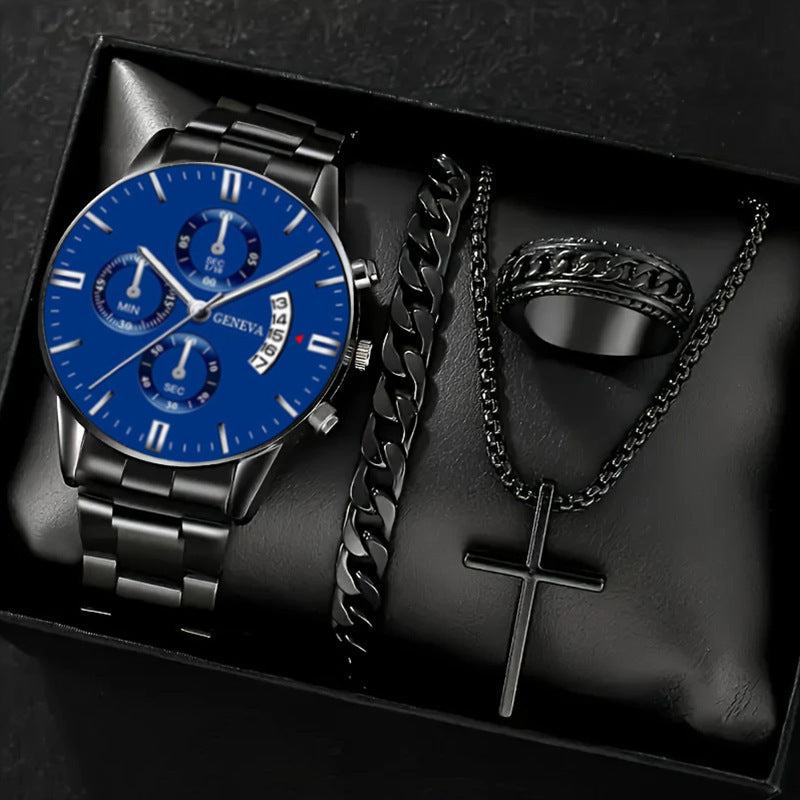 🔥🔥🔥🔥🔥Men's 4-piece Luxury Stainless Steel Quartz Watch with Calendar Gold Cross Necklace Bracelet and Ring