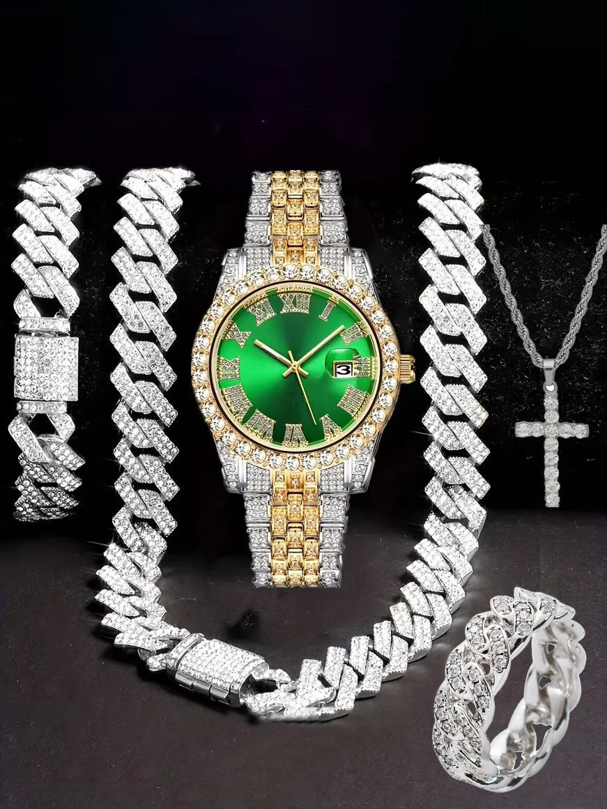 Diamond Watch🔥🔥🔥🔥 Five-Piece Diamond Cuban Chain Cross Necklace Cuban Ring