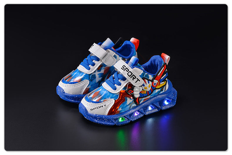 Spring and autumn 2025 new leather bright lights children's sneaker wholesale cartoon with lights boys soft bottom running shoes in stock