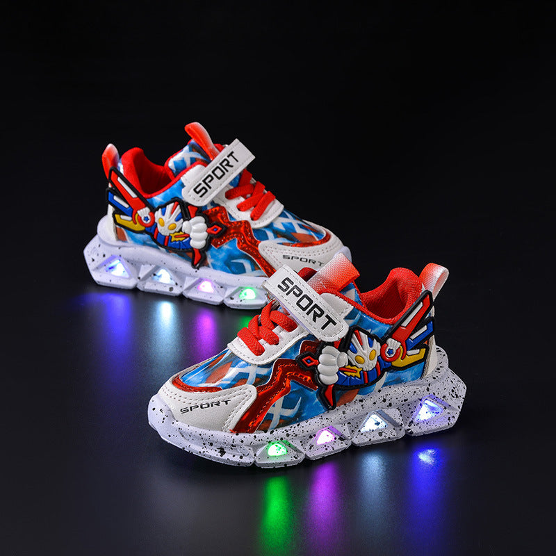 Spring and autumn 2025 new leather bright lights children's sneaker wholesale cartoon with lights boys soft bottom running shoes in stock
