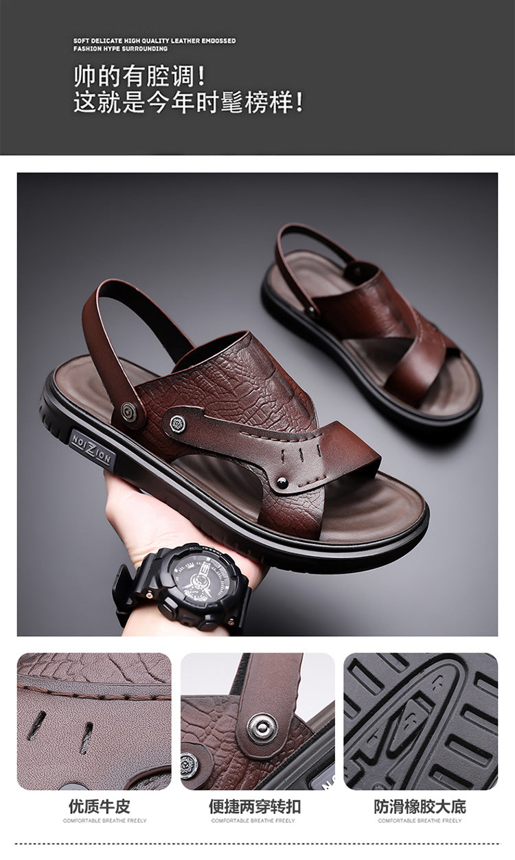 Men's Sandals 2025 New Summer Soft Sole Leather Sandals Anti-Slip Beach Shoes Dual-Purpose Outerwear Sandals and Slippers for Men