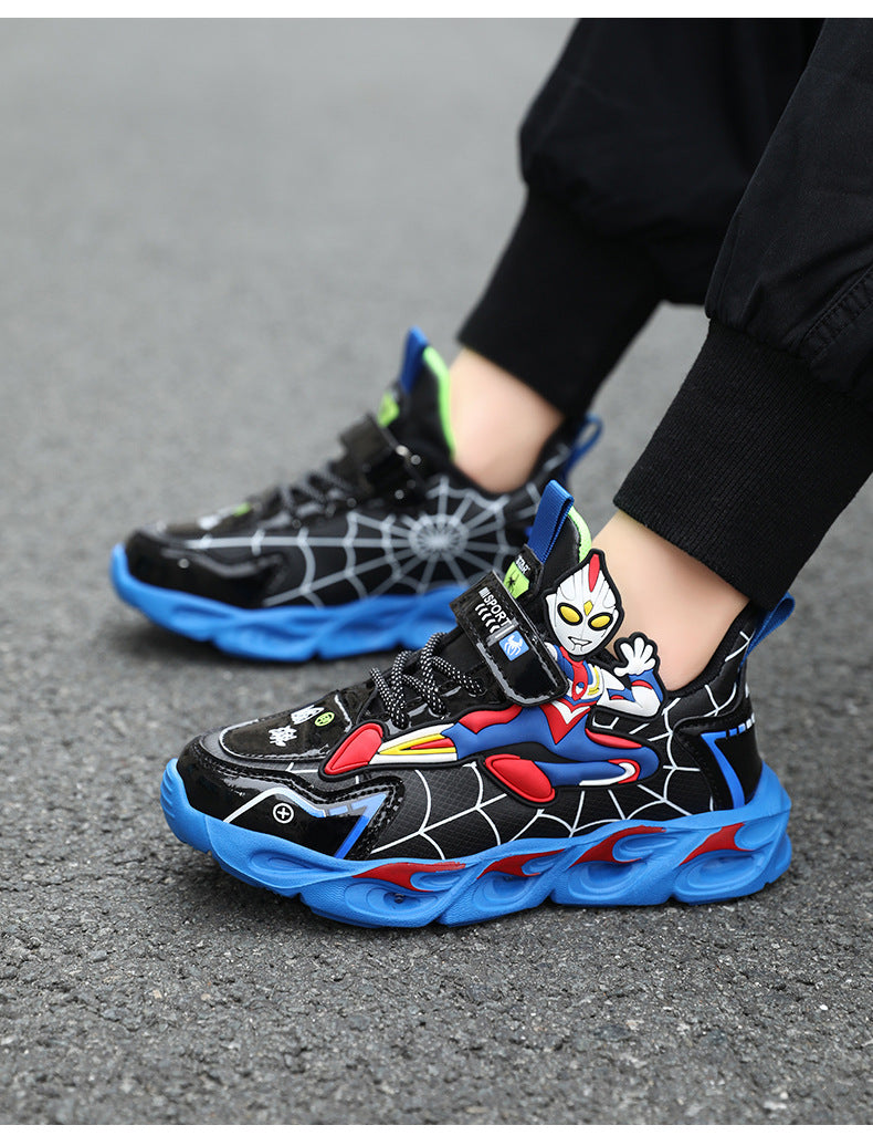 Boys' Shoes Anti-Slip Mid-Leat Running Shoes Leather with Lights Spider-Man Children's Sports Shoes Autumn Lightweight