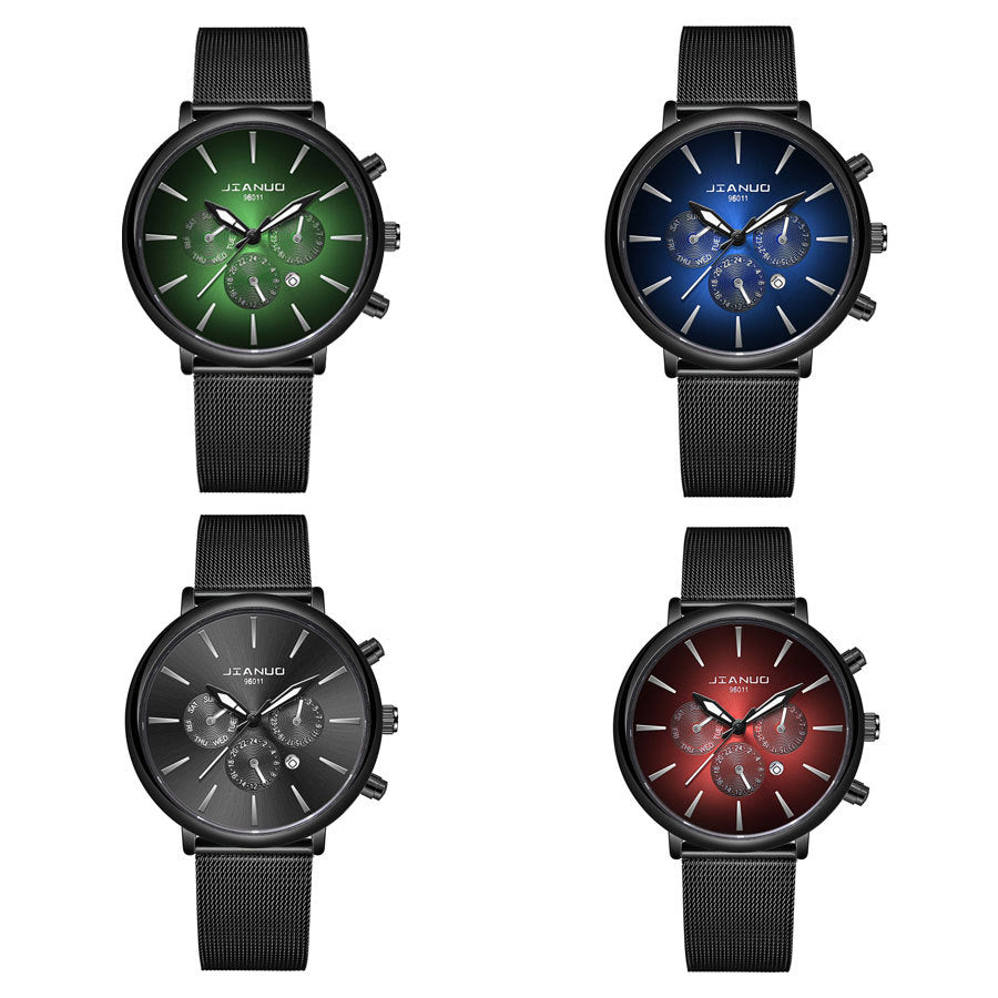 Men's Mesh Band Watch Fashion Calendar Quartz Watch Business Casual Business Men's Cool Blue Watch