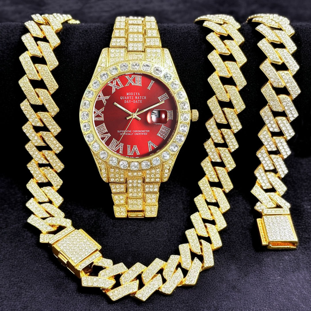 Diamond-Encrusted Watches,🔥🔥🔥🔥 Diamond-Shaped Cuban Bracelets and Necklaces, Three-Piece Set