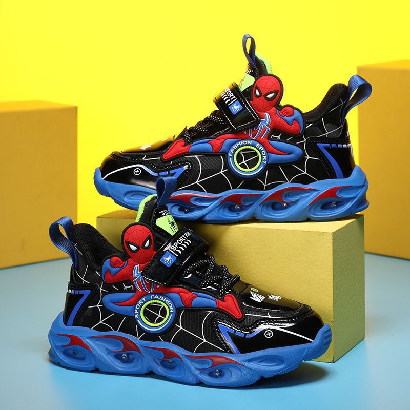 Boys' Shoes Anti-Slip Mid-Leat Running Shoes Leather with Lights Spider-Man Children's Sports Shoes Autumn Lightweight