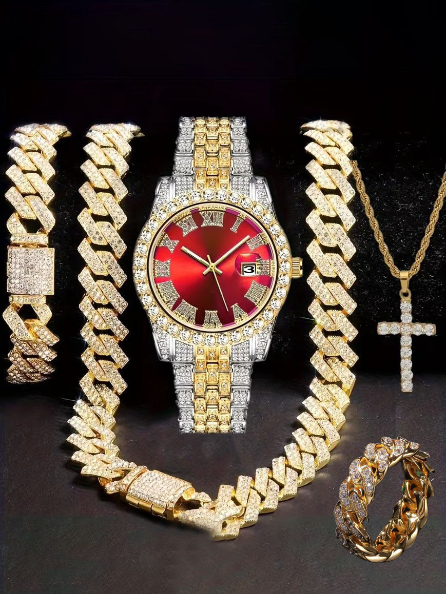 Diamond Watch🔥🔥🔥🔥 Five-Piece Diamond Cuban Chain Cross Necklace Cuban Ring