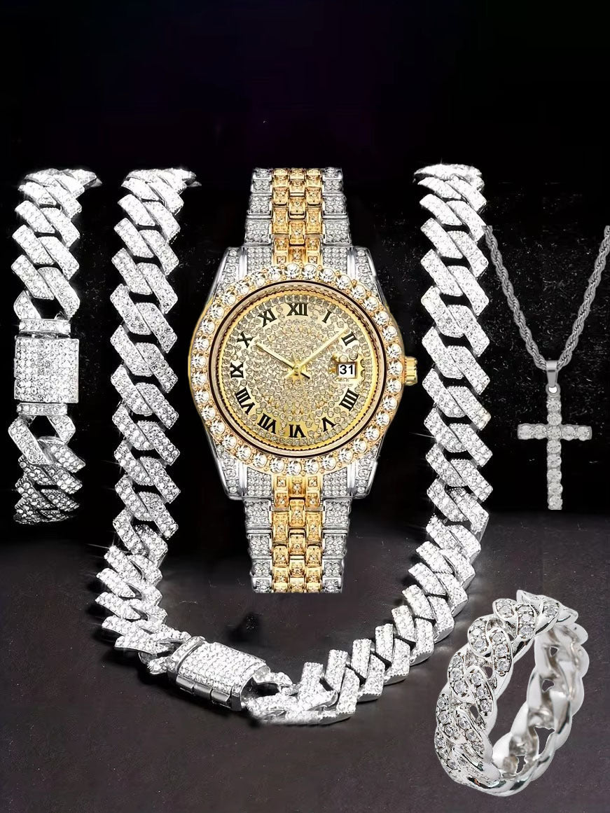 Diamond Watch🔥🔥🔥🔥 Five-Piece Diamond Cuban Chain Cross Necklace Cuban Ring