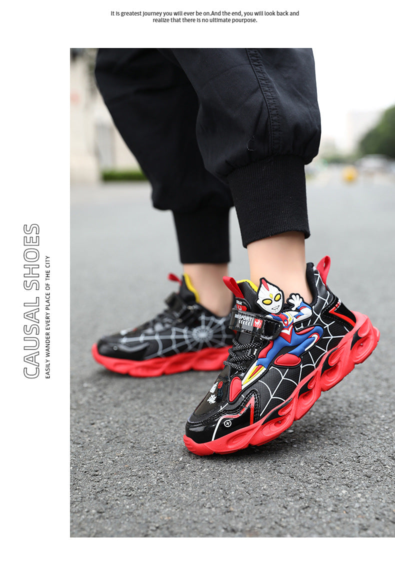 Boys' Shoes Anti-Slip Mid-Leat Running Shoes Leather with Lights Spider-Man Children's Sports Shoes Autumn Lightweight