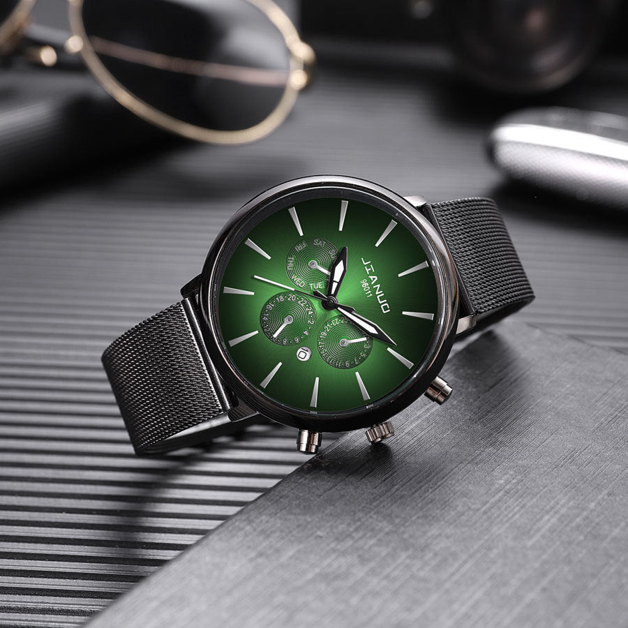 Men's Mesh Band Watch Fashion Calendar Quartz Watch Business Casual Business Men's Cool Blue Watch