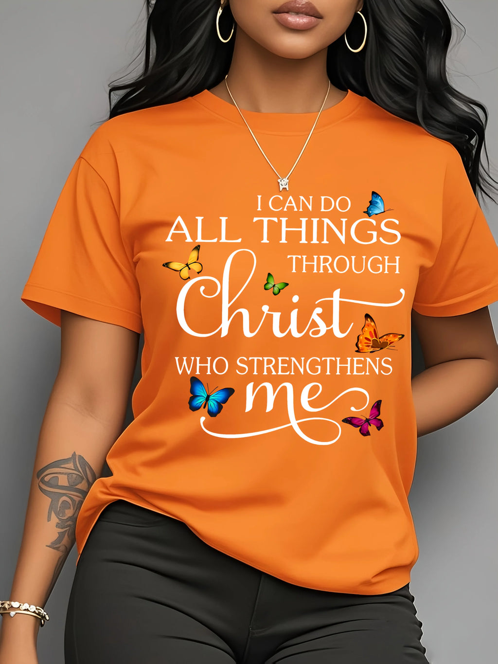 I Can Do All Things Through Christ Women's Tee - Butterfly Christian Graphic, Casual Pink Top