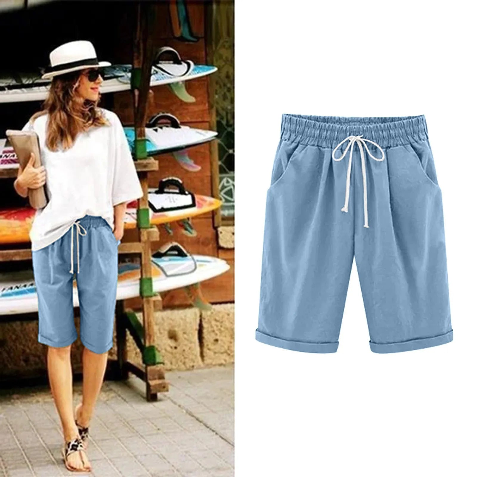 Five Point Pants For Women Summer Cotton Pants Plus Size High Waisted Shorts Lacing Beach Trousers Knee Length Workout Pocket