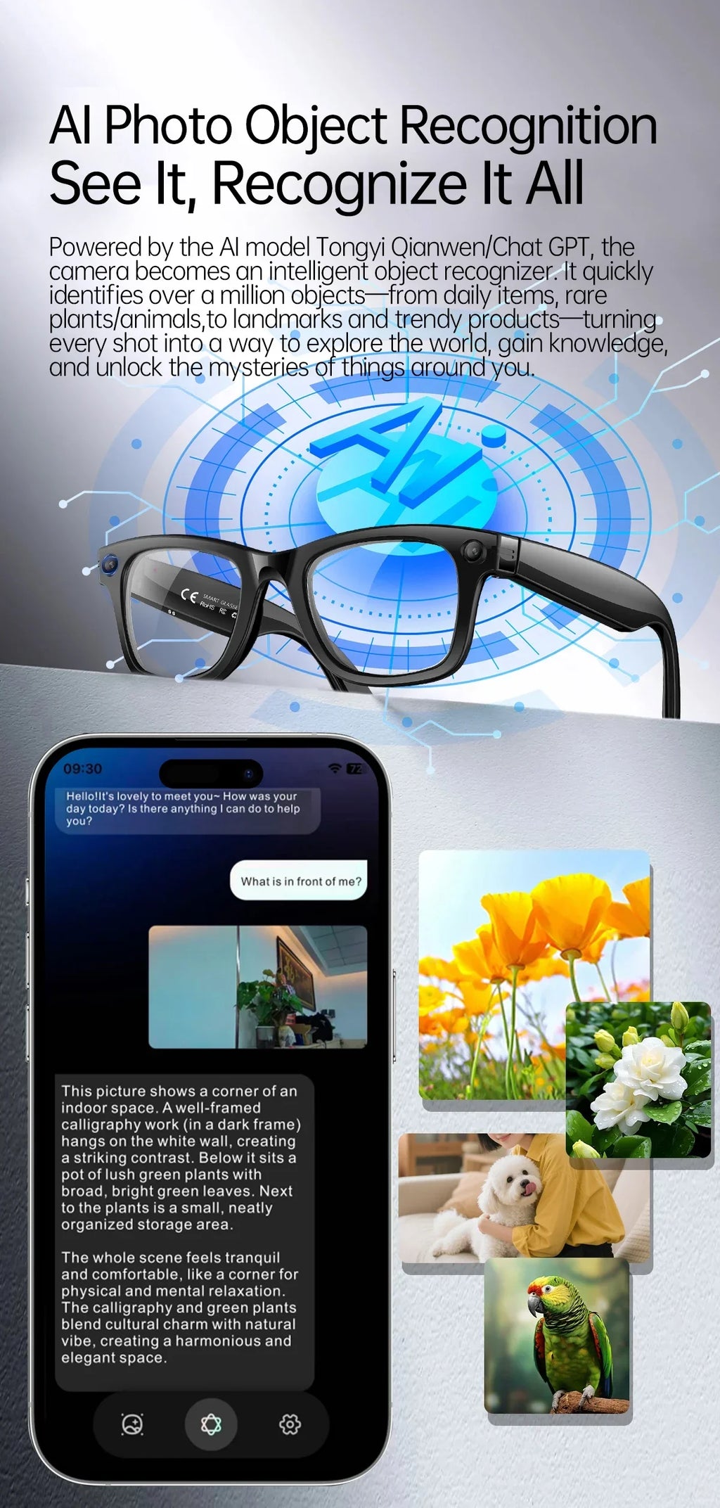 NEW AI Smart Glasses 1300W HD Camera 1080P Videos WIFI Transfer AI Translation IP66 Waterproof & Dustproof BT Call Smart Glasses