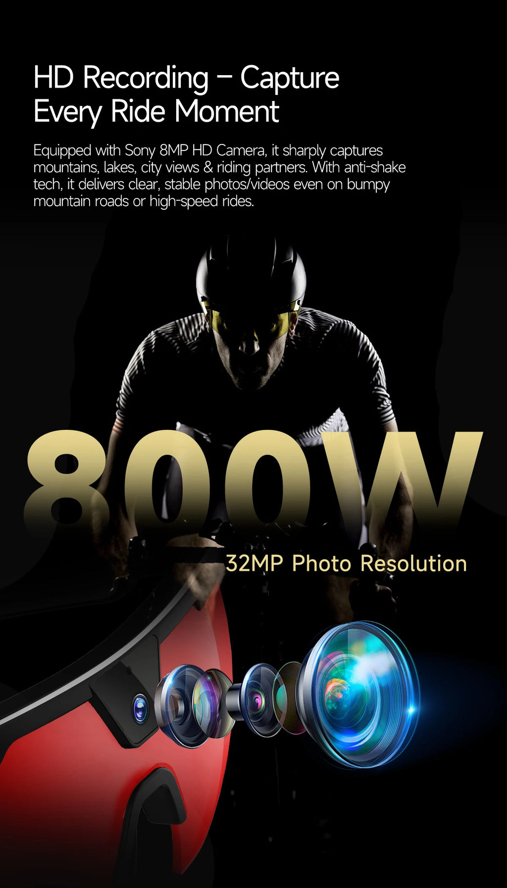 New AI smart glasses for outdoor cycling featuring an 800p camera and a compact, high-definition anti-shake action camera