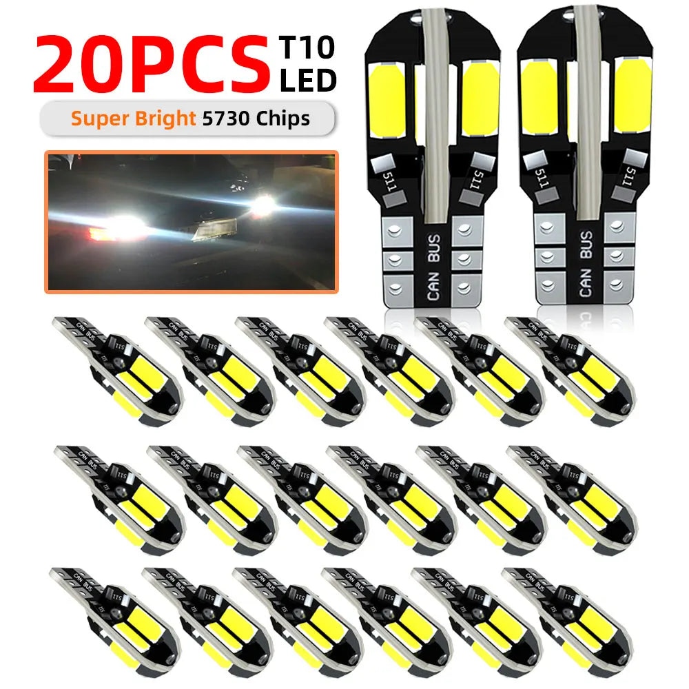 20PCS/PACK T10 5730 8SMD Canbus LED Bulbs W5W 192 194 168 501 2980CW 12V Super Bright White Car Interior Map Dome Parking Lights