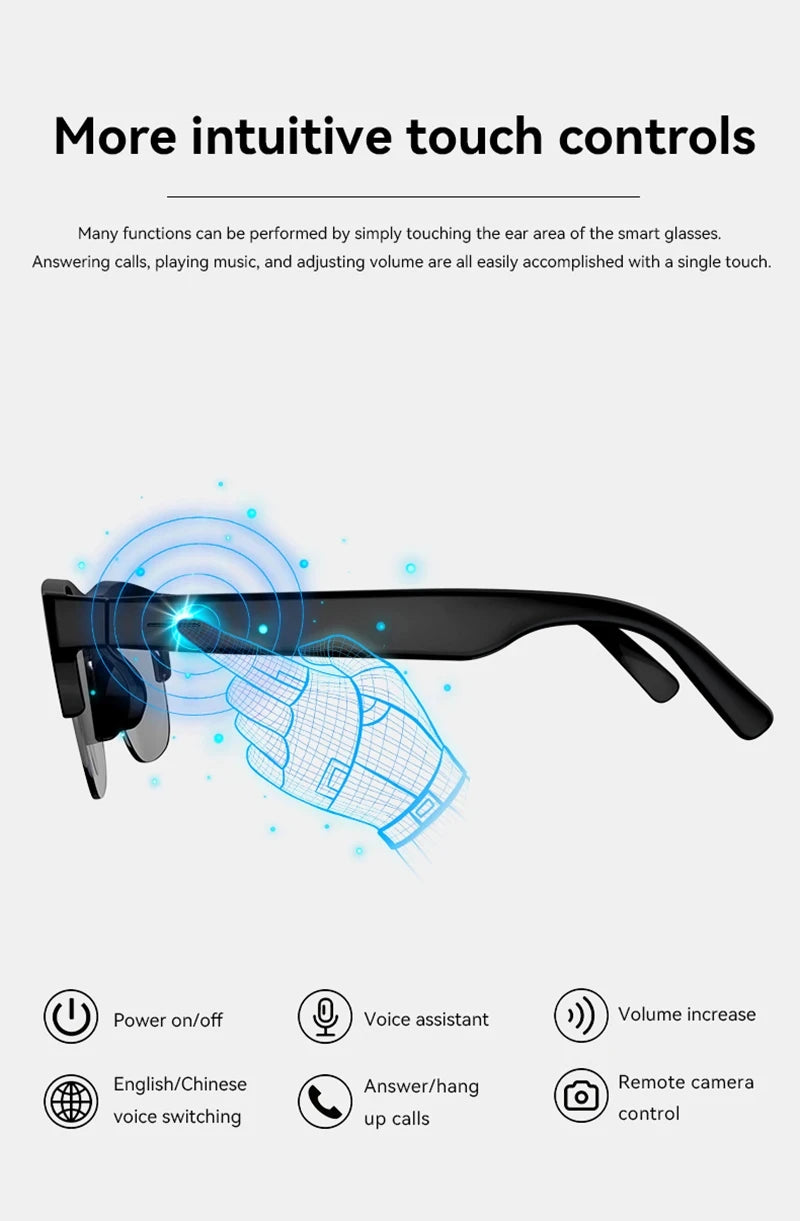 AI Smart Glasses Translation Hands-Free Calling AI Chat Logging Music Playback Men Bluetooth Sunglasses Touch Control Camera