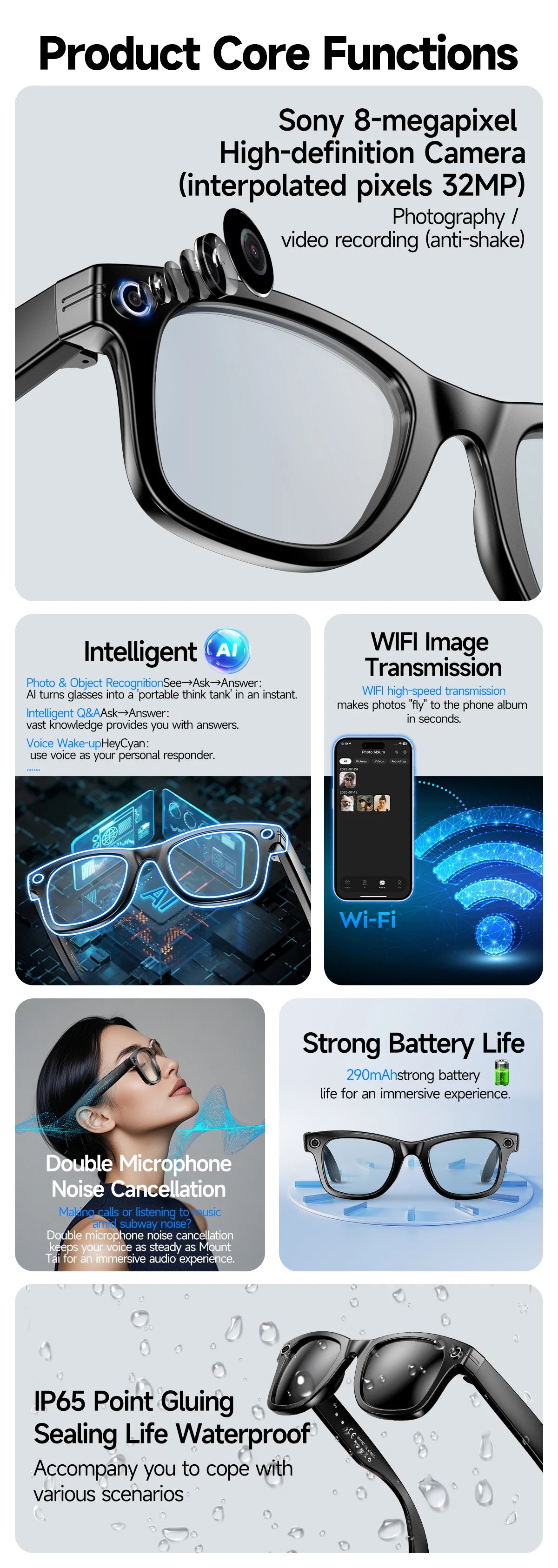AI Smart Glasses 800W Anti Shake Camera Video Recording Languages Translation Sunglasses For Man Woman Bluetooth Call Music Play