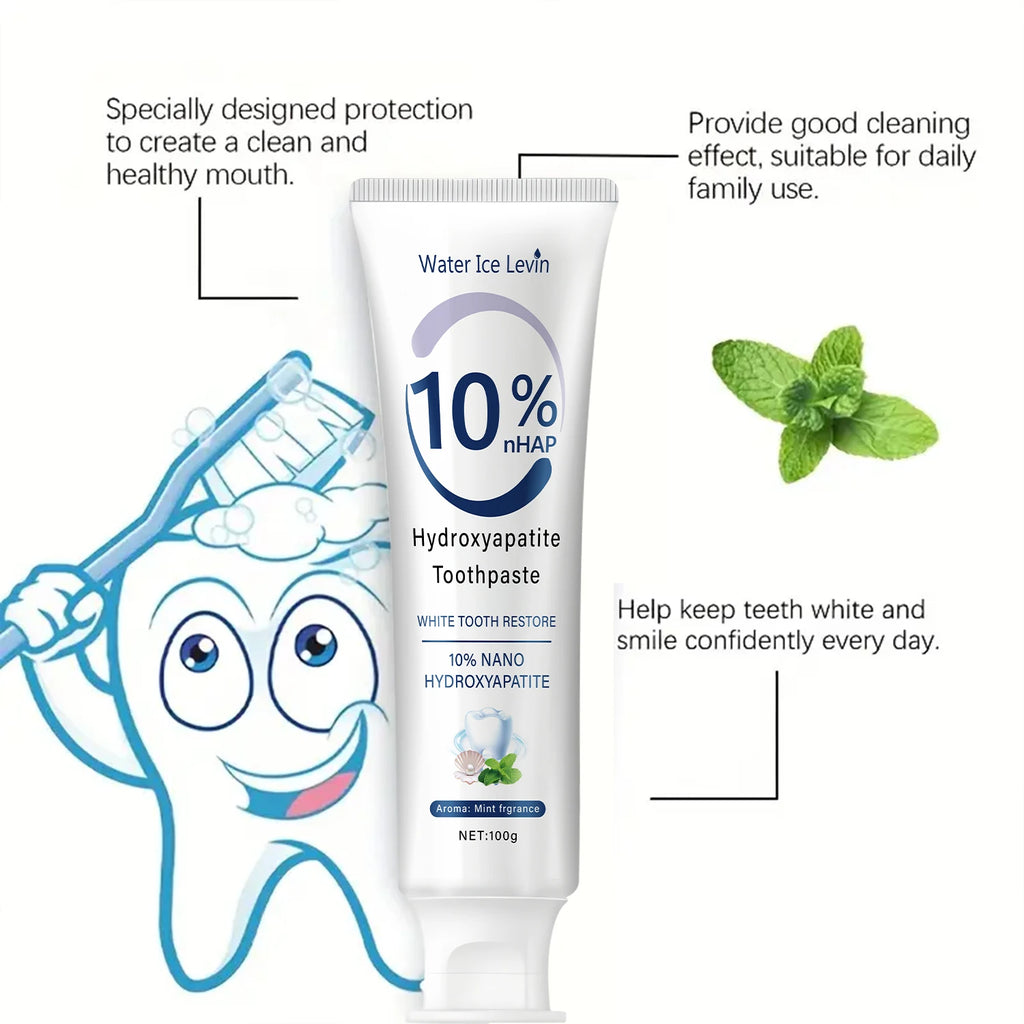 Hydroxyapatite Toothpaste Restores White Teeth. Protects Gums. Deep Cleans. Brightens Smile. Fresh Mint.