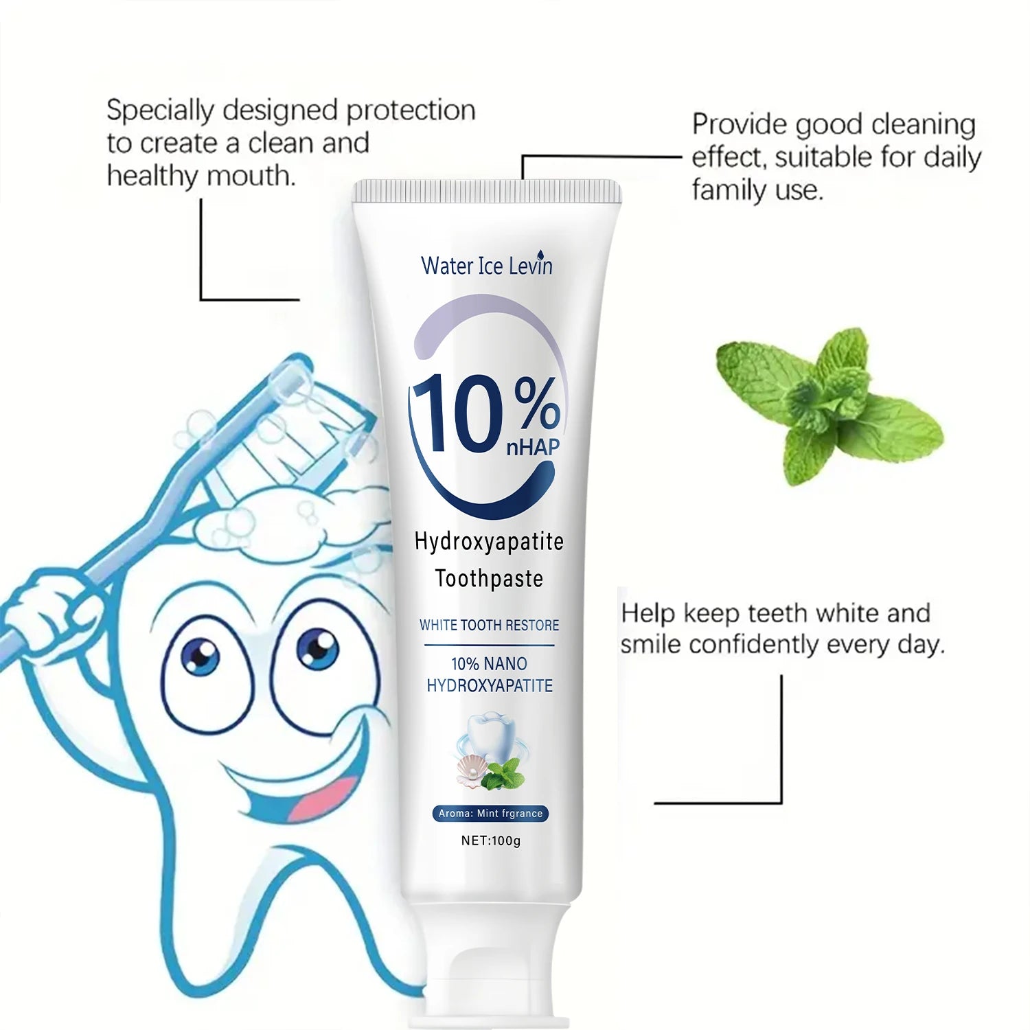Hydroxyapatite Toothpaste Restores White Teeth. Protects Gums. Deep Cleans. Brightens Smile. Fresh Mint.