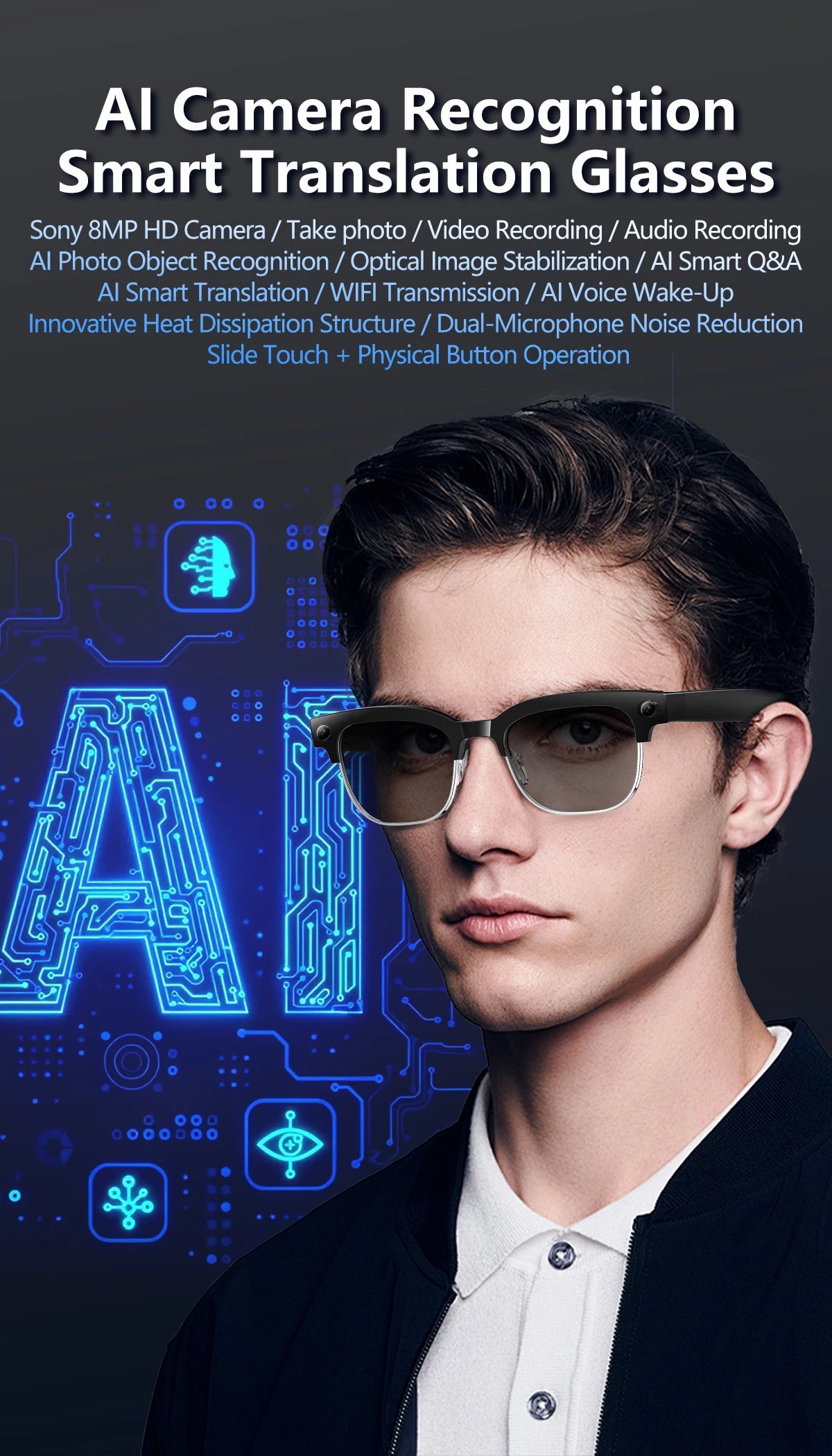2026New AI Smart Glasses 120+Language Translation 800W Pixel Camera Video Music Player Call Business 8K Color Change Glasses Men