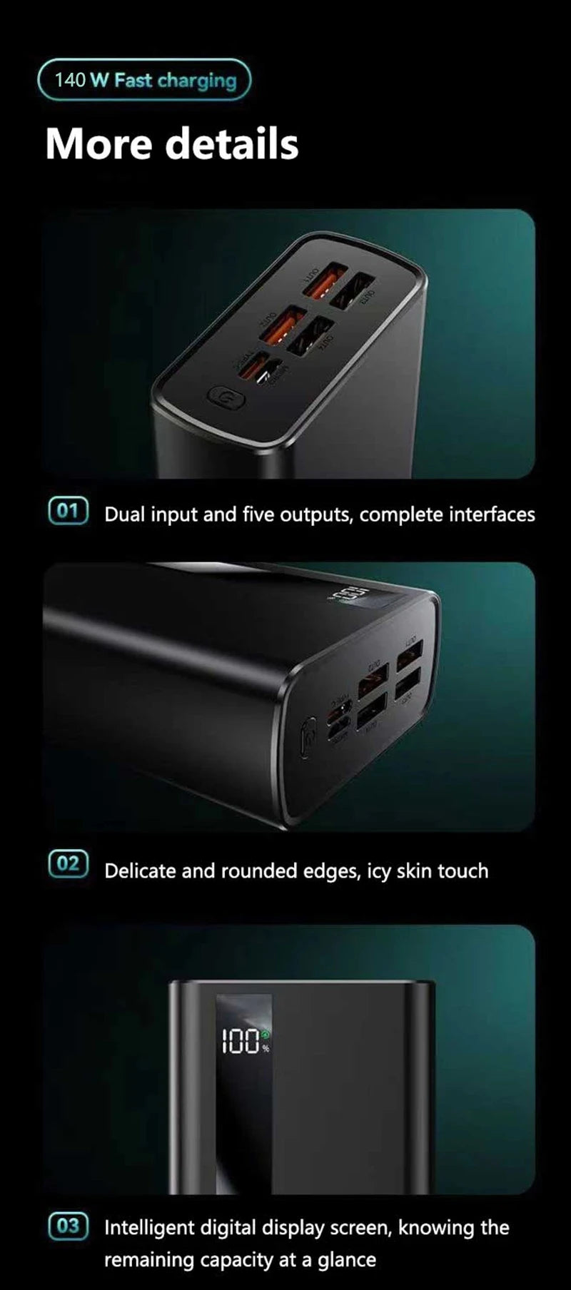Lenovo 100000mAh CCC Powerbank 140W Super Fast Charging Portable Battery Charger Ultra Capacity LED Digital Display For IPhone
