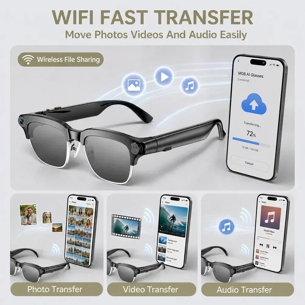 2026 New AI Smart Glasses 8MP Camera 1080P Video Recording Bluetooth Calling WiFi Transfer ENC Noise Reduction 300mAh Battery