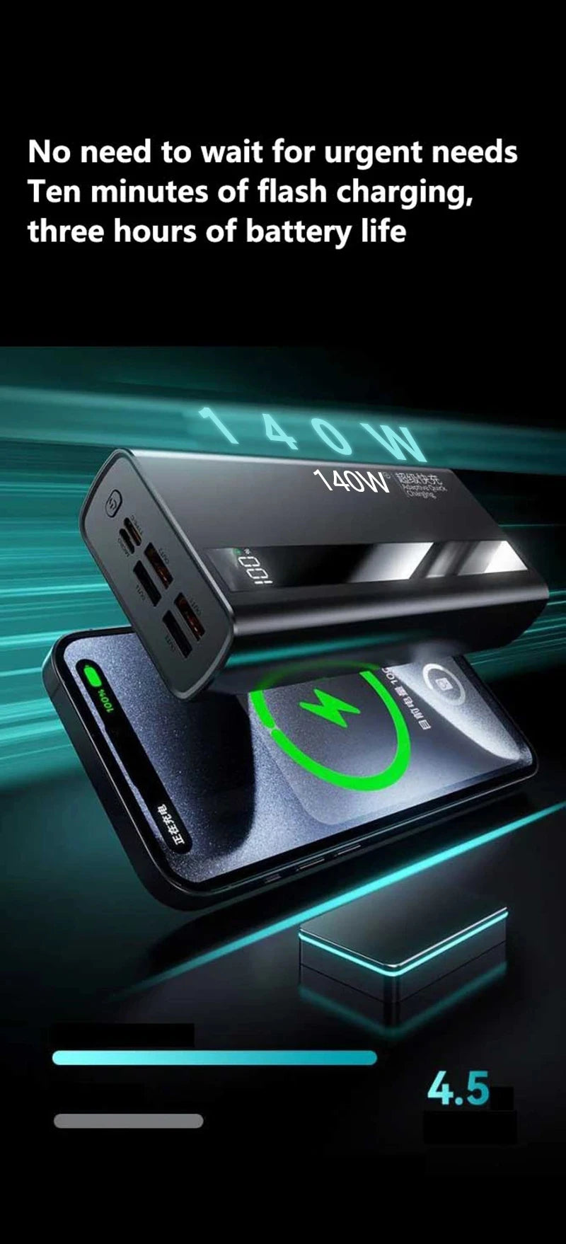 Lenovo 100000mAh CCC Powerbank 140W Super Fast Charging Portable Battery Charger Ultra Capacity LED Digital Display For IPhone
