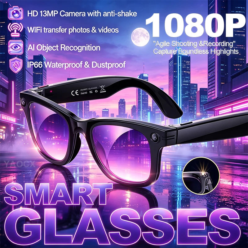 NEW AI Smart Glasses 1300W HD Camera 1080P Videos WIFI Transfer AI Translation IP66 Waterproof & Dustproof BT Call Smart Glasses