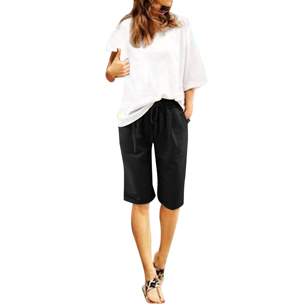 Five Point Pants For Women Summer Cotton Pants Plus Size High Waisted Shorts Lacing Beach Trousers Knee Length Workout Pocket
