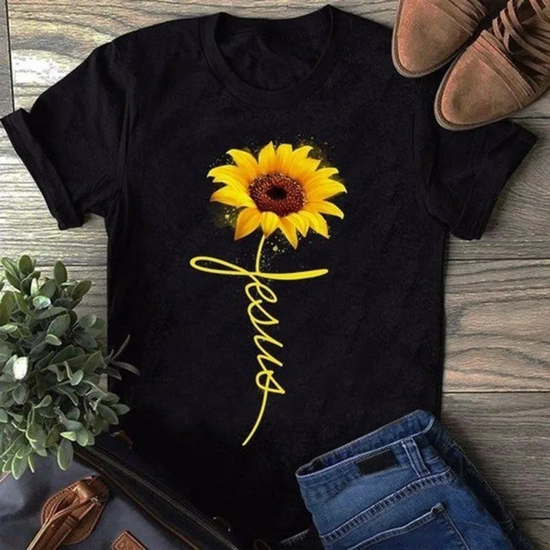 Sunflower Jesus Letter Print T Shirt Women Short Sleeve O Neck Loose Tshirt Summer