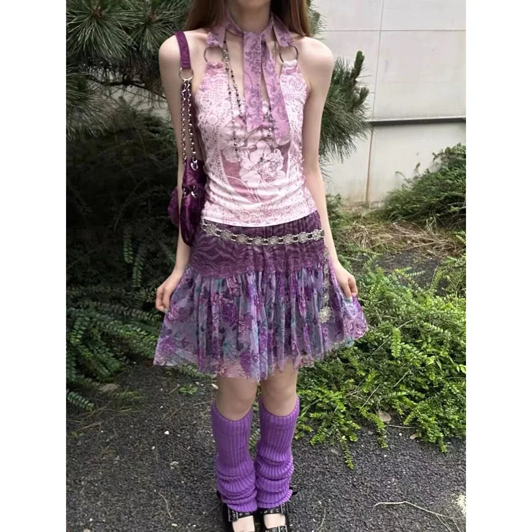 2000s Japanese Fairycore Streetwear Tshirt Subculture Gothic Print Halter Vest Sleeveless Lace Up Y2k Crop Top Vintage Tank Tops