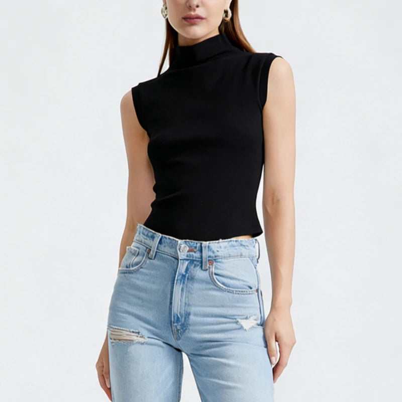 Women Summer Sexy Turtleneck Sleeveless T-Shirts Tops Solid Slim Fit Pullovers Causal Tees Shirts Female Streetwear Basics Tees